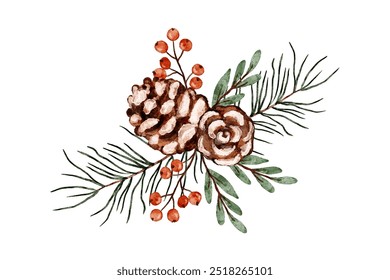 A beautiful pine cone surrounded by greenery and berries, ideal for winter decor or holiday crafts in a cozy setting