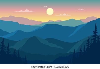 Beautiful Pine Forest Mountain Panorama Landscape Flat Illustration