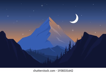 Beautiful Pine Forest Mountain Panorama Landscape Flat Illustration