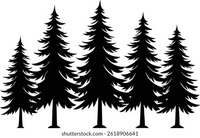 Hermosos pinos aislados Arte vectorial de silueta Elegante paisaje forestal y diseño de Naturaleza
