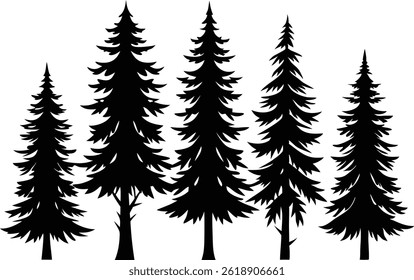 Lindas Árvores de Pinho Isolado Silhueta Vetor Arte Elegante Floresta Paisagem e Natureza Design