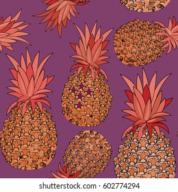 Beautiful pineapples seamless pattern. Vector illustration on violet background
