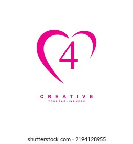 beautiful pink 4 logo template design with love. logo number 4 pink with heart. icon 4 is beautiful. love logos. suitable for business logos, product promotions, companies, annivers, birthdays, celebr