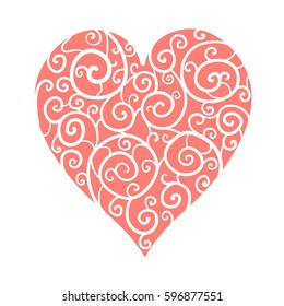 Beautiful pink abstract heart of spiral lace. Isolated on white. Greeting card and invitation of wedding, Valentine's Day, mother's day, birthday,  and seasonal holiday. Vector illustration.
