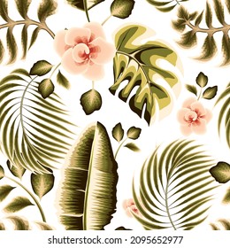 beautiful pink abstract jungle flowers illustration tropical seamless pattern with green monochromatic color banana palm leaves and plants foliage on white background. Exotic tropics. Summer print