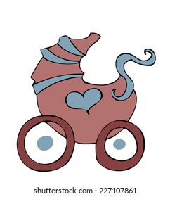 A beautiful Pink Baby Carriage with blue Heart and stripes