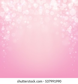 Beautiful pink background with bokeh lights, stars and sparkles. Vector illustration.