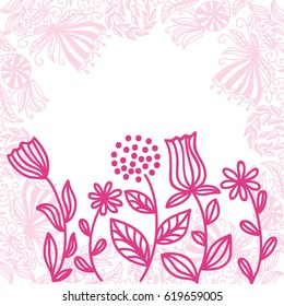 Beautiful pink background with flowers. Vector illustration.