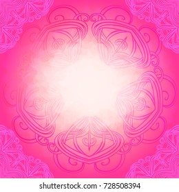 Beautiful pink background. Square shape. White blur in the center. A beautiful fishnet. Vector graphics. Openwork corners. The central composition. White glow.