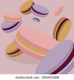 beautiful pink banner vector graphic with flying macarons