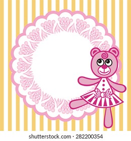 Beautiful pink bear and round pattern frame vector illustration