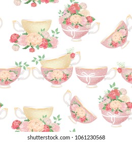 Beautiful pink and beige porcelain tea cups with tied bows and peony flowers bouquets seamless pattern on white background