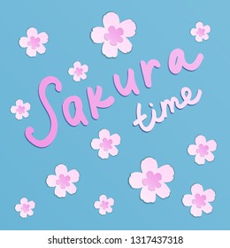 Beautiful pink blooming sakura flowers with lettering on blue background. Lovely floral japanese papercut design template for invitation, post card, flyer, banner