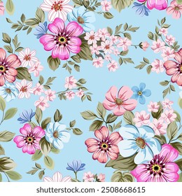 Beautiful pink, blue flowers, vintage style, hand drawn, seamless, on a romantic light blue background. Designed for fabric, fashion, textiles, wallpaper, gift wrap.