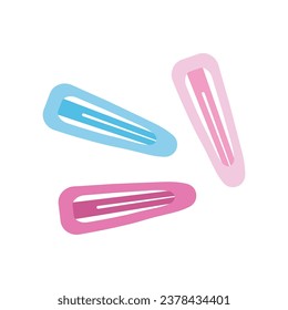 Hermoso juego de clavijas de peinado rosa y azul para chicas. Cortar los clips de pelo de princesa barrette. Ilustración vectorial de dibujos animados sobre fondo blanco