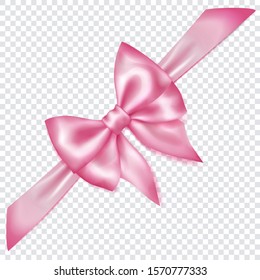 Beautiful pink bow with diagonally ribbon with shadow on transparent background. Transparency only in vector format