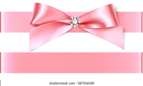 Beautiful pink bow with diamond for invitation design or wedding decoration. Vector bow with horizontal ribbon isolated on white