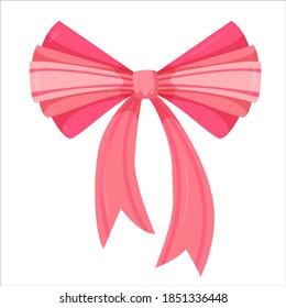 beautiful pink bow drawn in cartoon style. fashion elements and Holiday dressing items, beauty, gift and birthday decorative ribbons. Vector illustration isolated on white background.