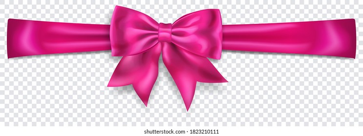 Beautiful pink bow with horizontal ribbon with shadow on transparent background. Transparency only in vector format