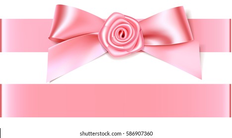 Beautiful pink bow with rose for invitation design or wedding decoration. Vector bow with horizontal ribbon isolated on white