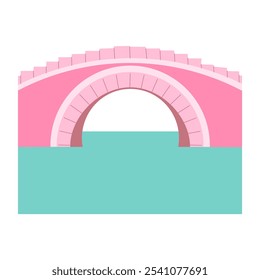 A beautiful pink bridge spans across a body of water, with a blue hue to the water below. The bridge is a prominent feature in the scene, drawing the viewer's attention to its elegant design