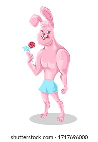 Beautiful pink bunny man is standing with a rose in his hand. Cartoon character stands isolated on a white background. Vector illustration.
