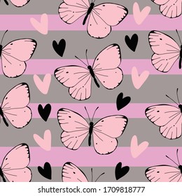 Beautiful pink butterflies with hearts on striped pastel background. Vector seamless pattern. Cute design for summer scrapbooking, nursery decor, gift wrap, cards, fashion prints, apparel.