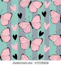 Beautiful pink butterflies with hearts on striped pastel background. Vector seamless pattern. Cute design for summer scrapbooking, nursery decor, gift wrap, cards, fashion prints, apparel.