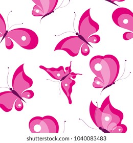 beautiful pink butterflies, pattern on a white