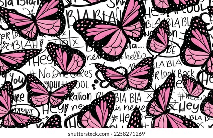 Beautiful pink butterfly drawings and romantic text. Seamless pattern, repeated texture background. Vector illustration design.