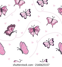 beautiful pink butterfly and heart illustration with swirl on white background. hand drawn vector. seamless pattern with butterfly. wallpaper, wrapping paper and gift, backdrop, fabric, textile. 