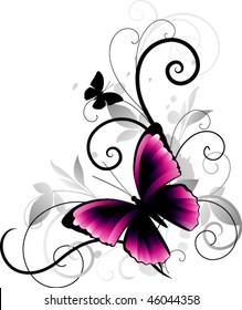 Beautiful pink butterfly on floral background. Summer design