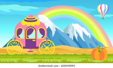 Beautiful pink cab with golden elements, mountain landscape, vector illustration with beauty rainbow and sky, striped air balloon, cute orange pumpkin