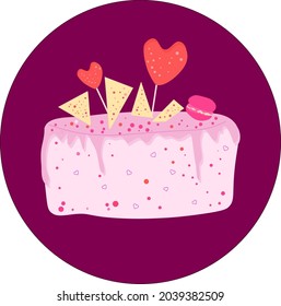 Beautiful pink cake with chocolate, lollipops and macaron for girls. Vector, Illustration.