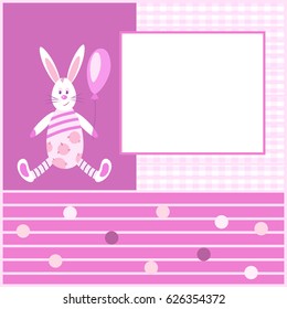 Beautiful pink card with a Bunny holding a balloon.Pattern checkered and striped,circle.Suitable for congratulations on the birth of a girl and other holidays.