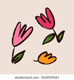 Beautiful pink cartoon flowers. Vector grunge illustration. Gray background. Isolated object