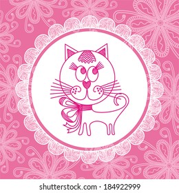 Beautiful pink cat cartoon cute nature pattern background floral frame vector illustration
