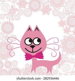 Beautiful pink cat and floral pattern frame vector illustration 
