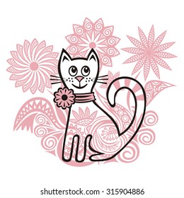 Beautiful pink cat floral pattern background vector illustration