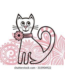 Beautiful pink cat floral pattern background vector illustration