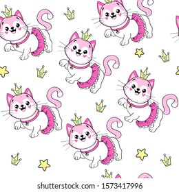 Beautiful pink cat girl in a ballerina skirt and the crown on a white background seamless pattern