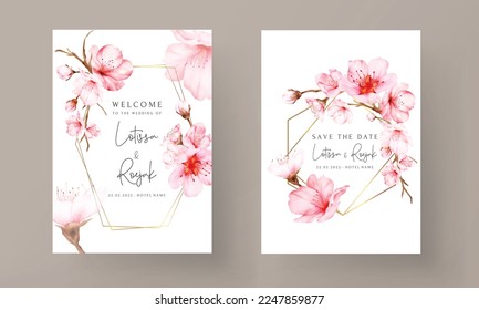 beautiful pink cherry blossom floral watercolor invitation card