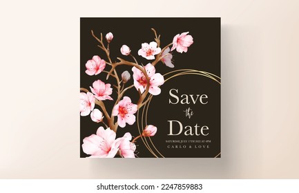 beautiful pink cherry blossom floral watercolor invitation card
