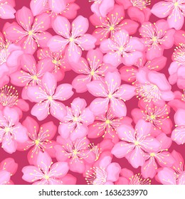 Beautiful pink cherry blossoms. Blooming spring background.  Seamless pattern. Texture for fabric, wrapping, wallpaper. Decorative print.Vector illustration