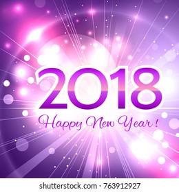 Beautiful pink Christmas background with a bright flash of light and the words Happy New Year 2018!
