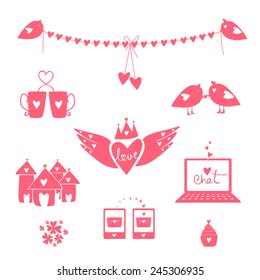 Beautiful pink collection of Valentines Day objects on white background.