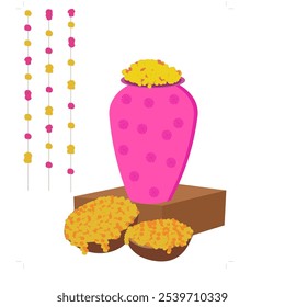 Hermoso diseño de Vector de florero decorativo de color rosa para la ceremonia de boda india, decoración de configuración haldi con colgantes de borlas de colores, Vector colgante de flor de caléndula, cesta floral pot