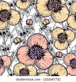 Beautiful pink, creamy flowers Sagittaria, black leaves on white background seamless pattern for fabric, textile, texture, wallpaper, wrapping paper, web design, cards. Hand drawn vector illustration