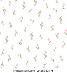 Beautiful pink cute small flower tulip, floral seamless pattern for girl, fashion fabric print of pretty style. Vector illustration.ai