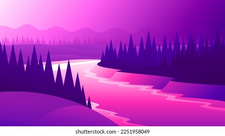 Beautiful pink evening landscape of a flowing river through the forest. Sunset over the water surface illustration.